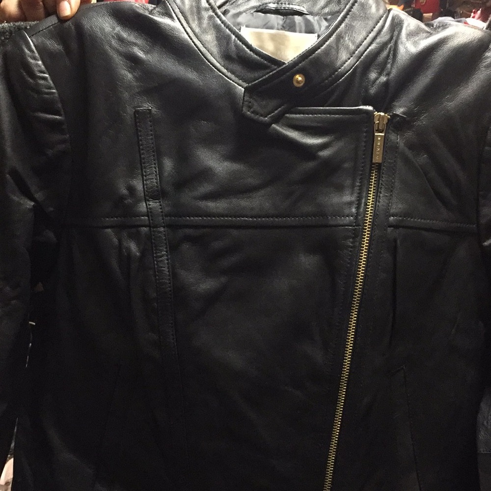 Michael Kors Black Leather Moto Jacket/Gold Zipper - Picture 3 of 8